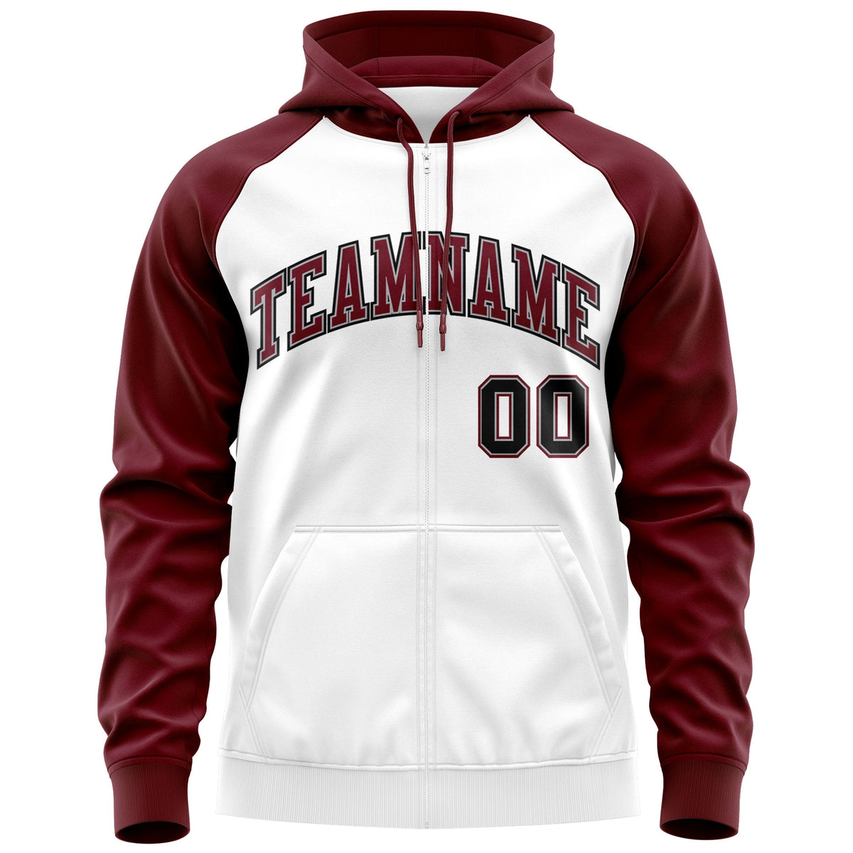 Custom Stitched White Crimson-Black Raglan Sleeves Sports Full-Zip Sweatshirt Hoodie| KXKSHOP