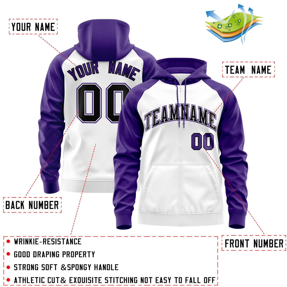 Custom Stitched White Black-Purple Raglan Sleeves Sports Full-Zip Sweatshirt Hoodie| KXKSHOP