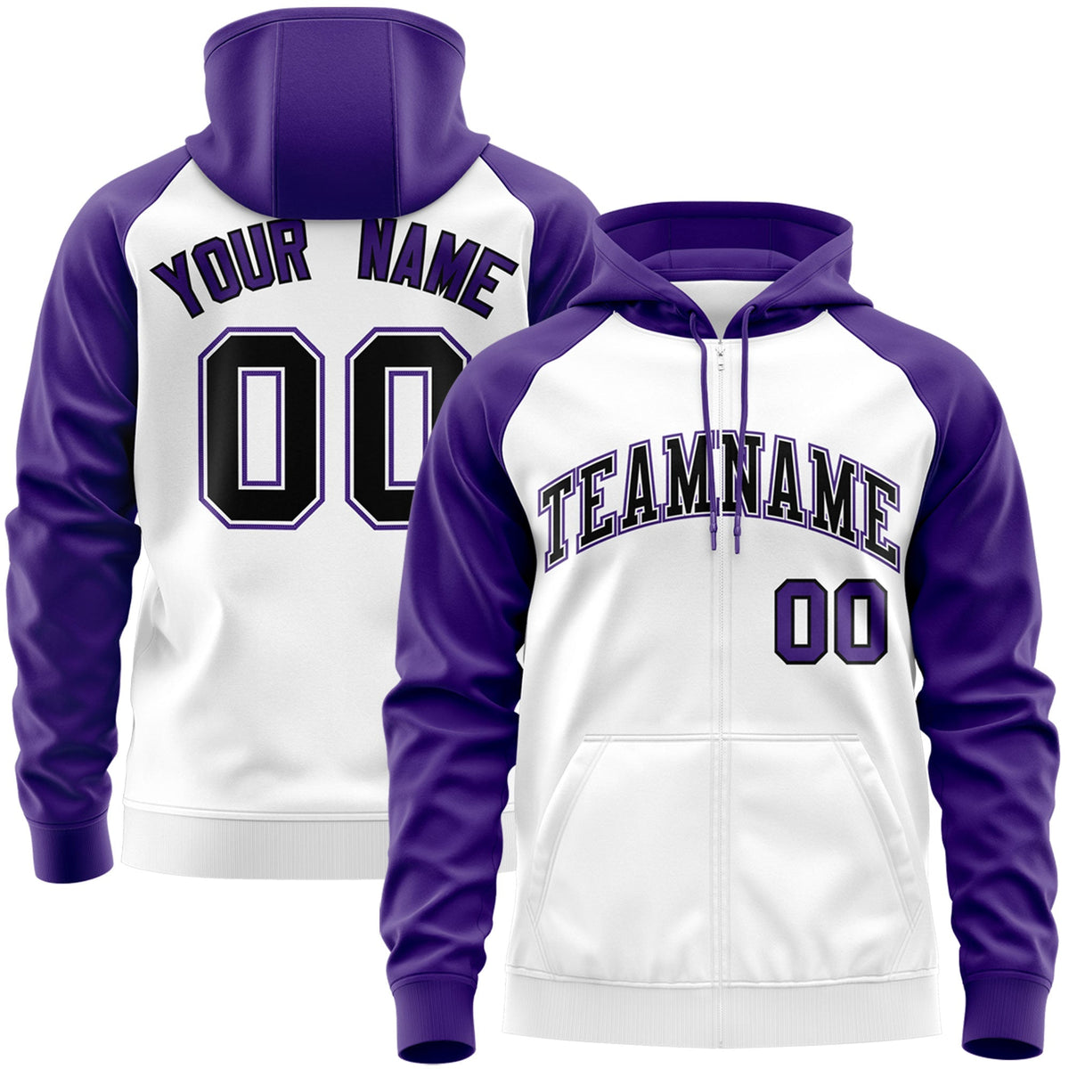 Custom Stitched White Black-Purple Raglan Sleeves Sports Full-Zip Sweatshirt Hoodie| KXKSHOP