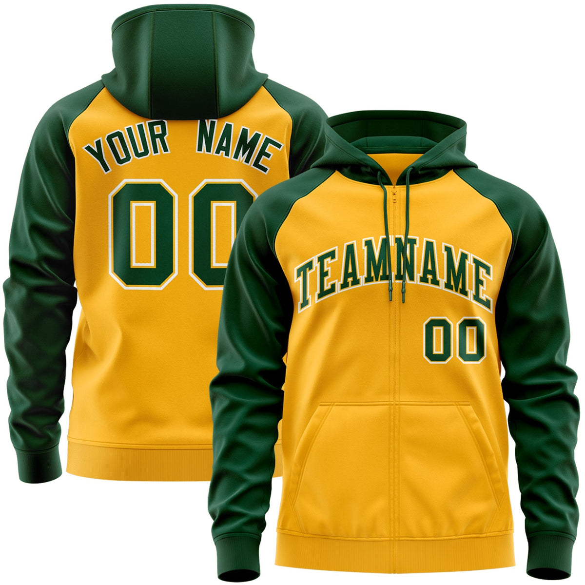 Custom Stitched Gold Green-White Raglan Sleeves Sports Full-Zip Sweatshirt Hoodie| KXKSHOP