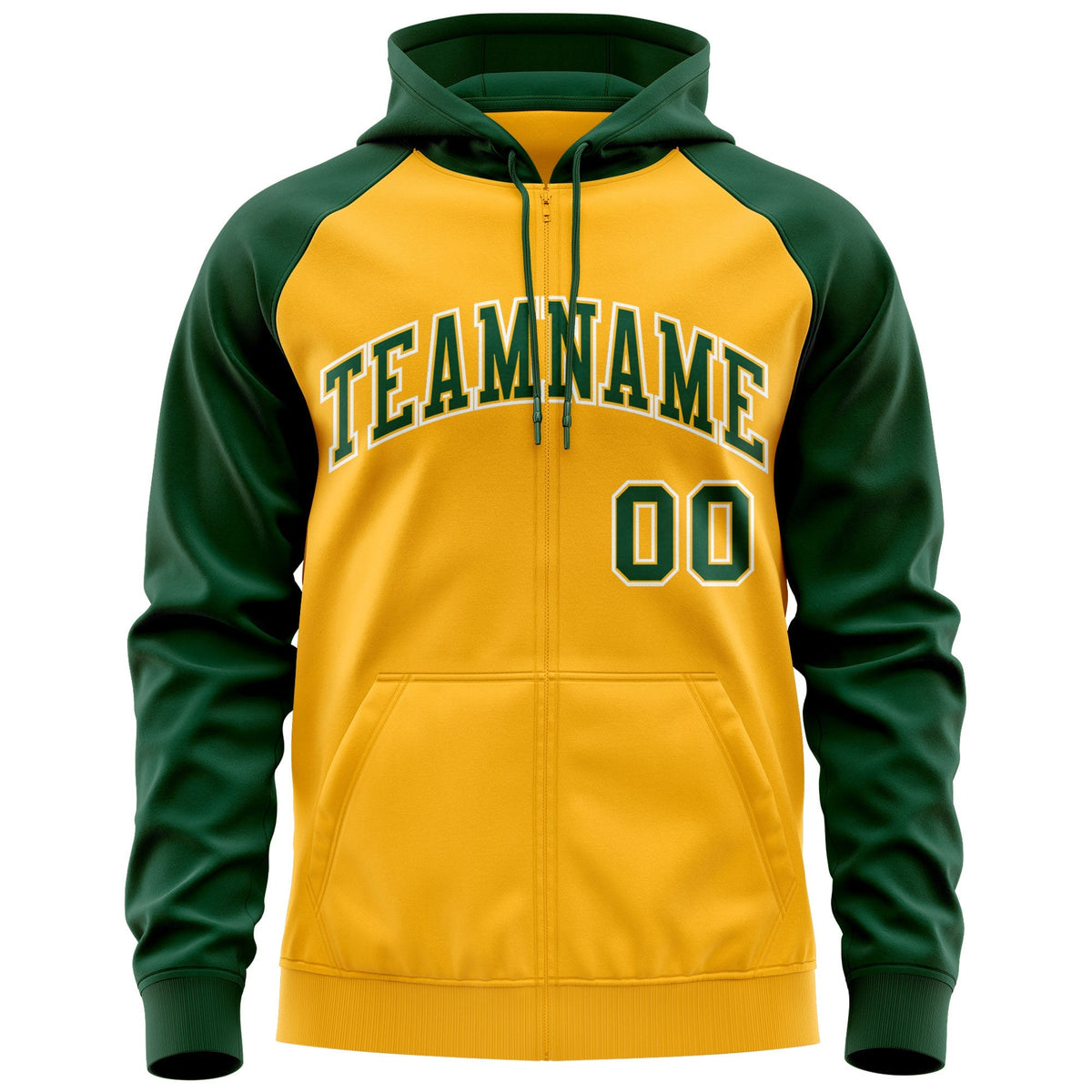 Custom Stitched Gold Green-White Raglan Sleeves Sports Full-Zip Sweatshirt Hoodie| KXKSHOP
