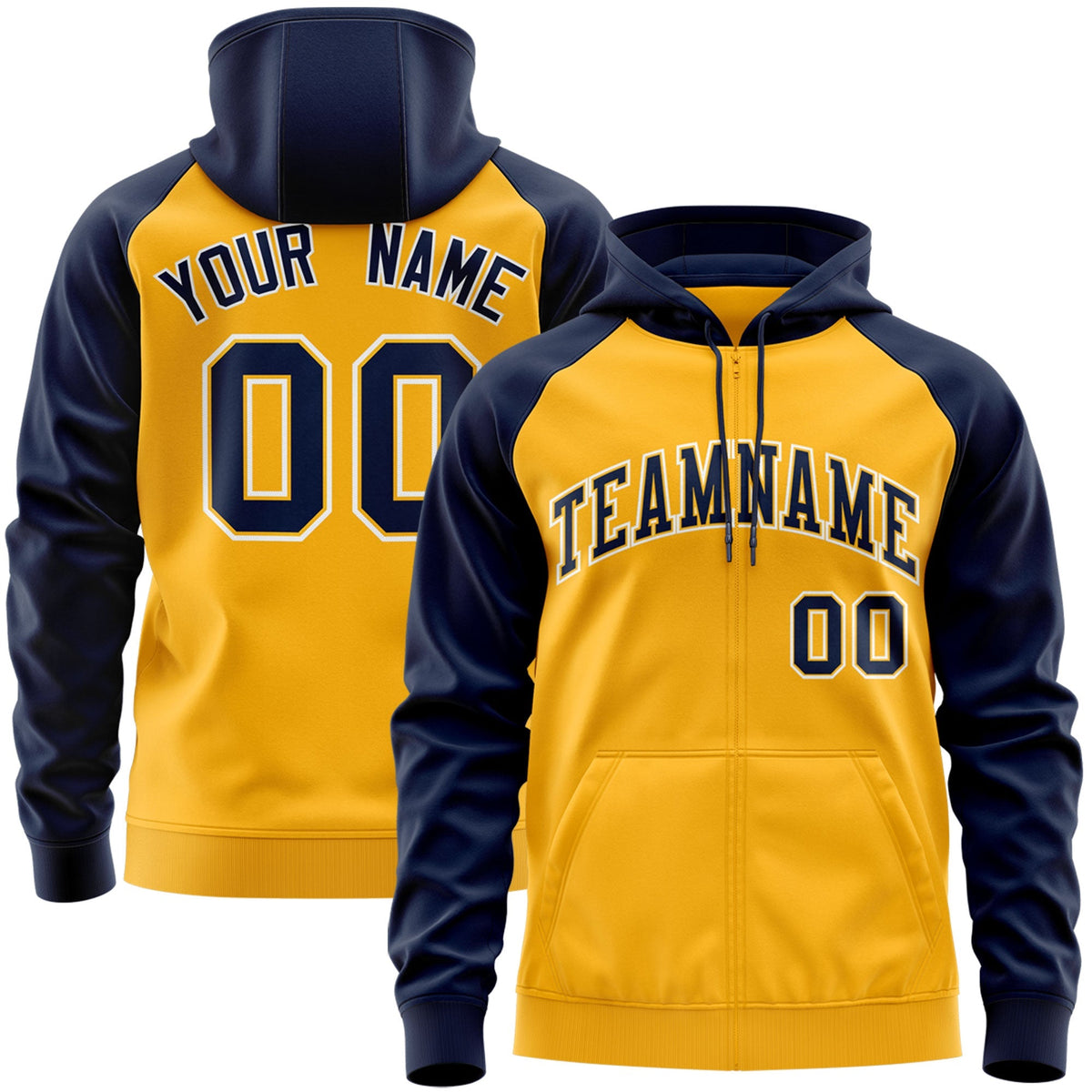 Custom Stitched Gold Navy-White Raglan Sleeves Sports Full-Zip Sweatshirt Hoodie| KXKSHOP