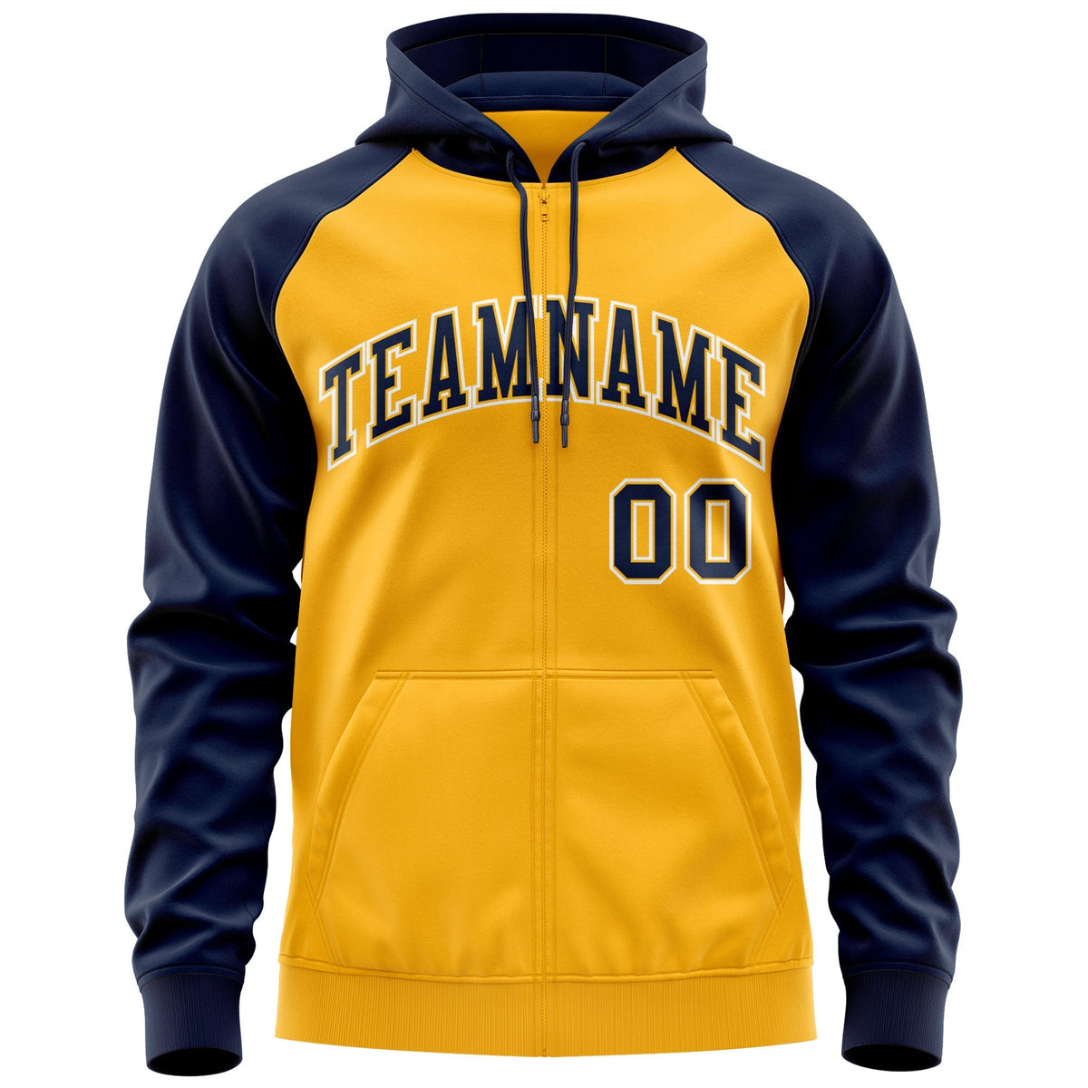 Custom Stitched Gold Navy-White Raglan Sleeves Sports Full-Zip Sweatshirt Hoodie| KXKSHOP