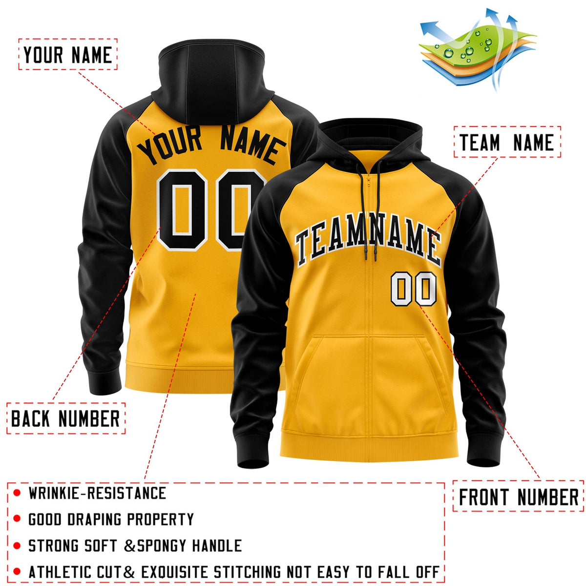 Custom Stitched Gold Black-White Raglan Sleeves Sports Full-Zip Sweatshirt Hoodie| KXKSHOP