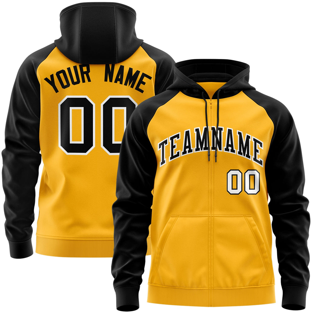Custom Stitched Gold Black-White Raglan Sleeves Sports Full-Zip Sweatshirt Hoodie| KXKSHOP