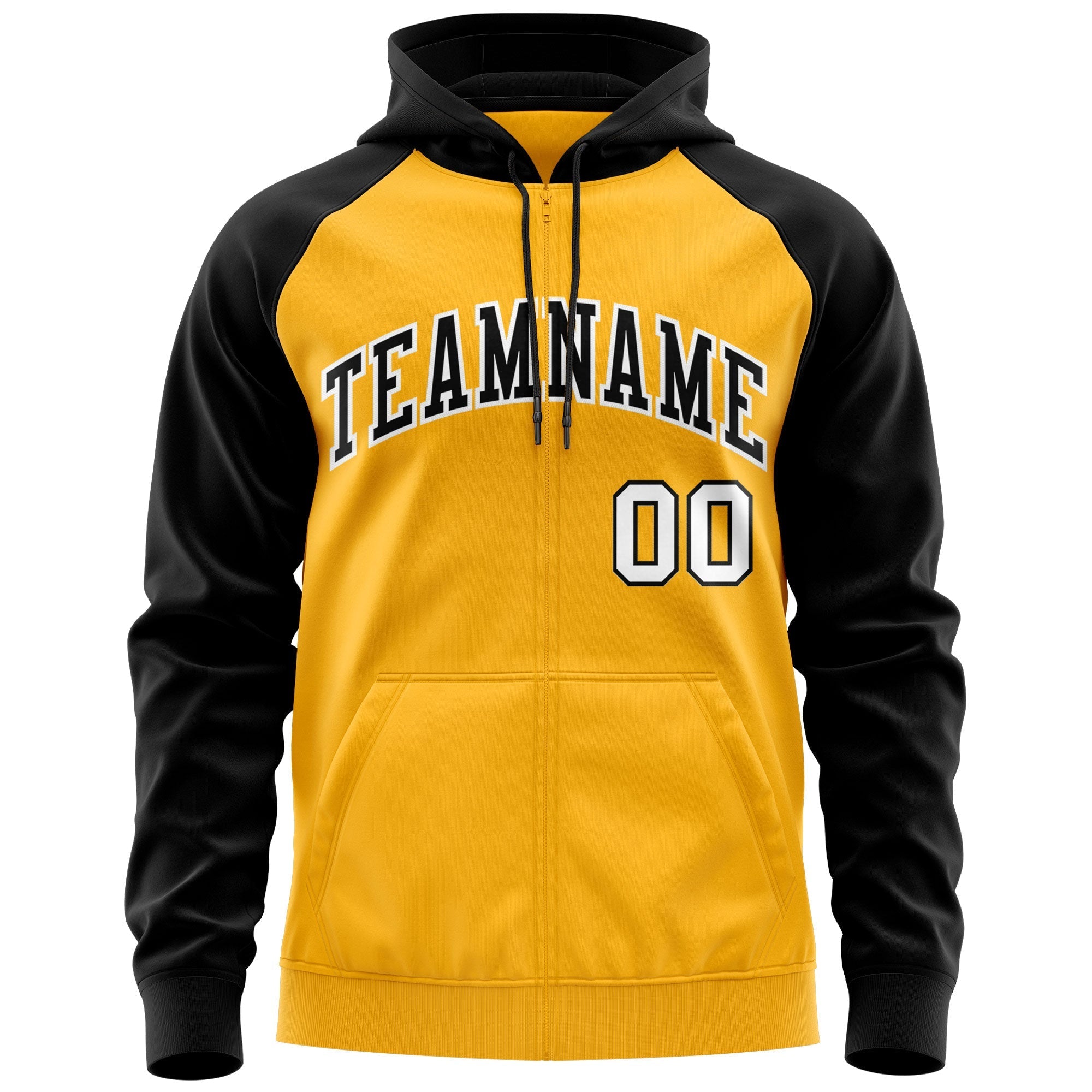 Custom Stitched Gold Black-White Raglan Sleeves Sports Full-Zip Sweatshirt Hoodie| KXKSHOP