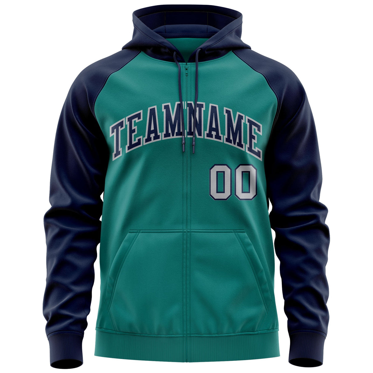 Custom Stitched Aqua Navy-Gray Raglan Sleeves Sports Full-Zip Sweatshirt Hoodie| KXKSHOP