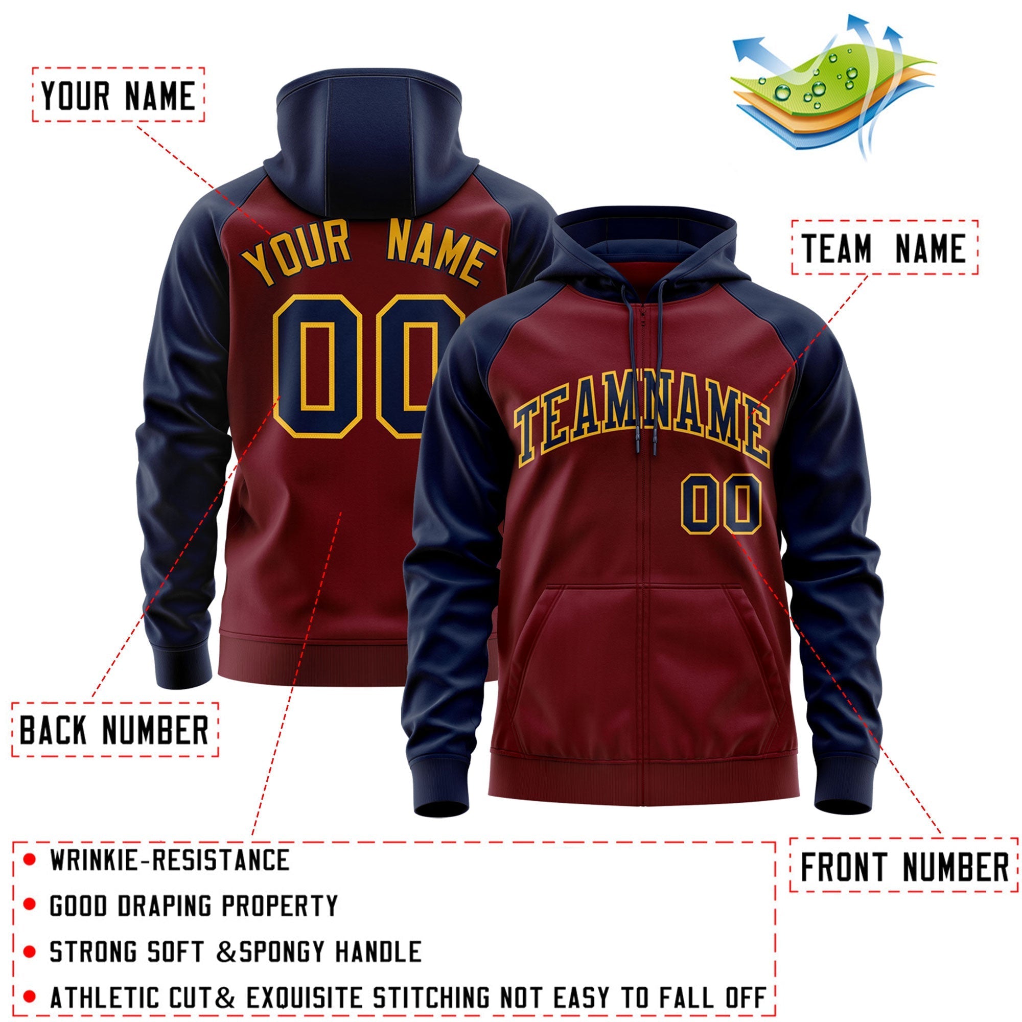 Custom Stitched Crimson Navy-Gold Raglan Sleeves Sports Full-Zip Sweatshirt Hoodie| KXKSHOP