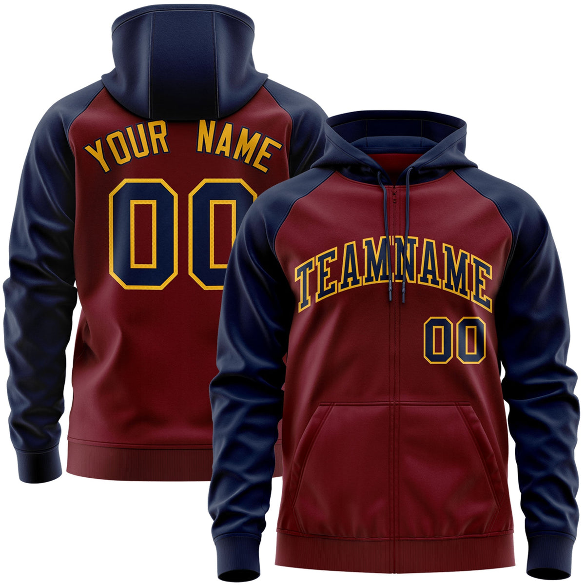 Custom Stitched Crimson Navy-Gold Raglan Sleeves Sports Full-Zip Sweatshirt Hoodie| KXKSHOP