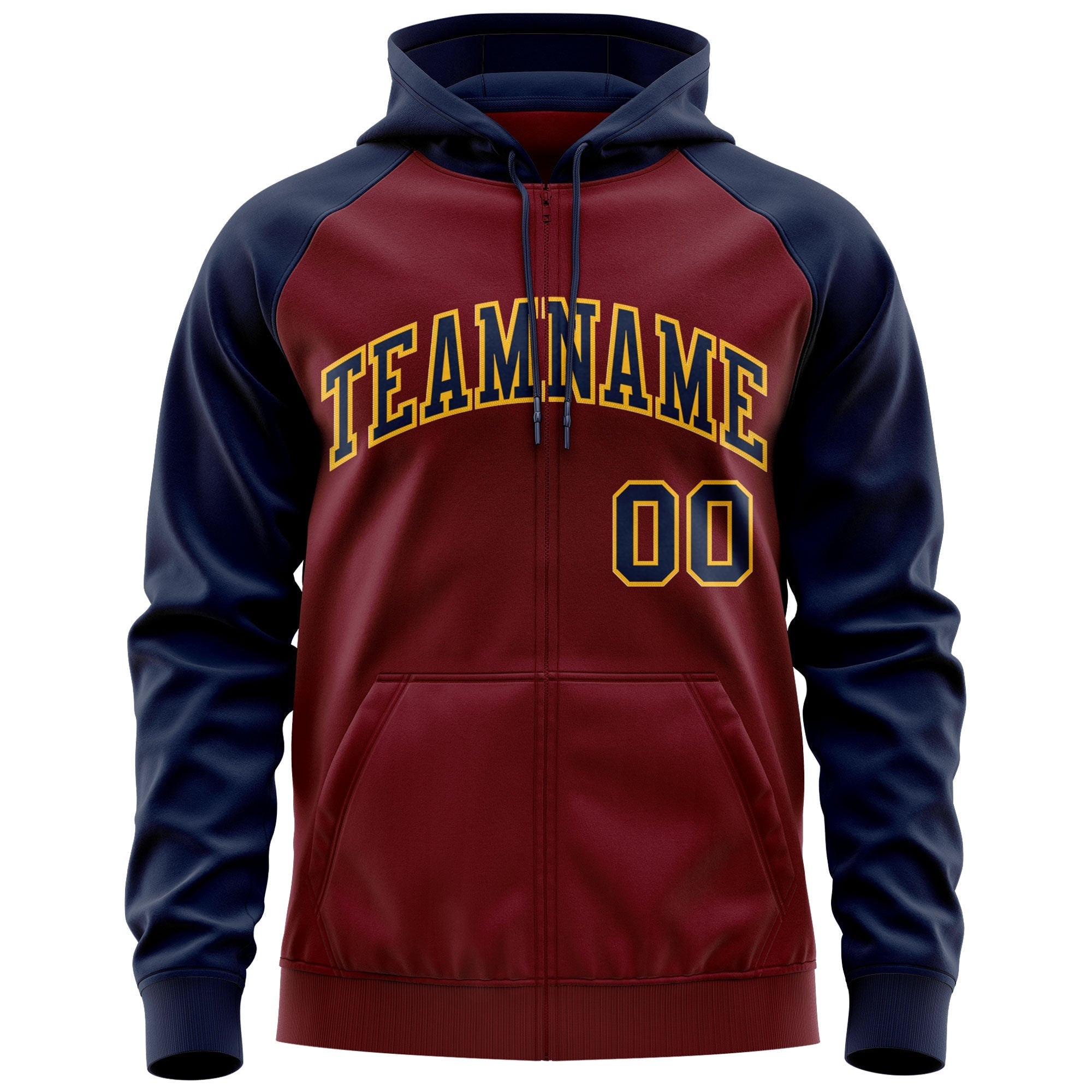 Custom Stitched Crimson Navy-Gold Raglan Sleeves Sports Full-Zip Sweatshirt Hoodie| KXKSHOP