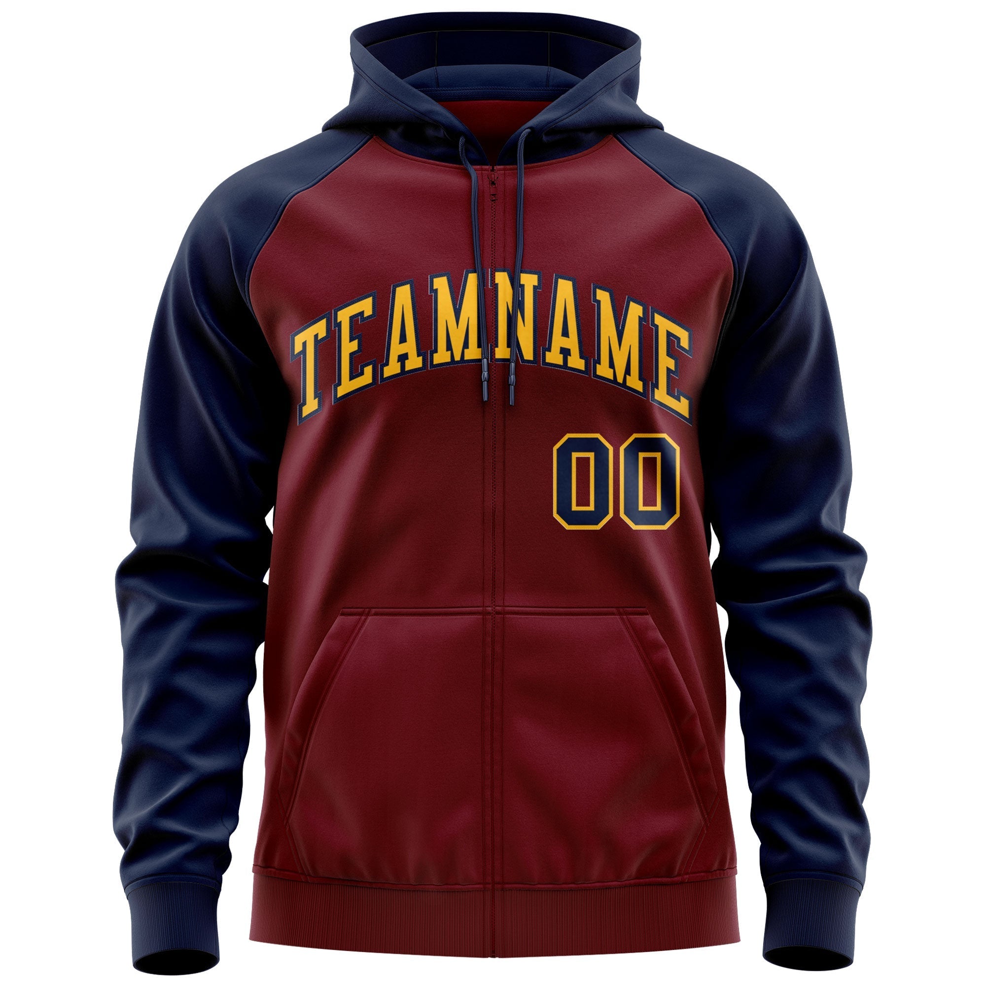 Custom Stitched Crimson Gold-Navy Raglan Sleeves Sports Full-Zip Sweatshirt Hoodie| KXKSHOP