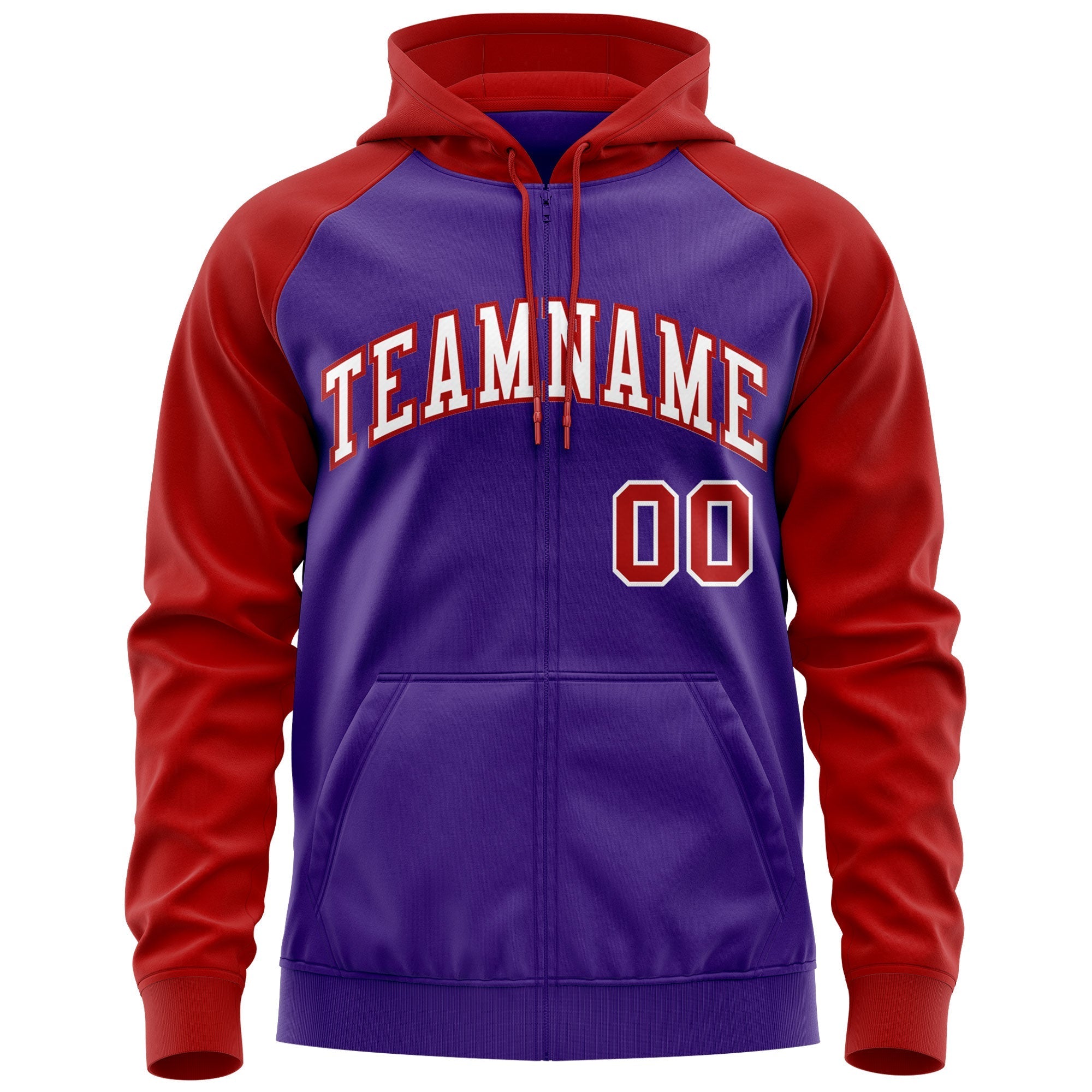 Custom Stitched Purple White-Red Raglan Sleeves Sports Full-Zip Sweatshirt Hoodie| KXKSHOP
