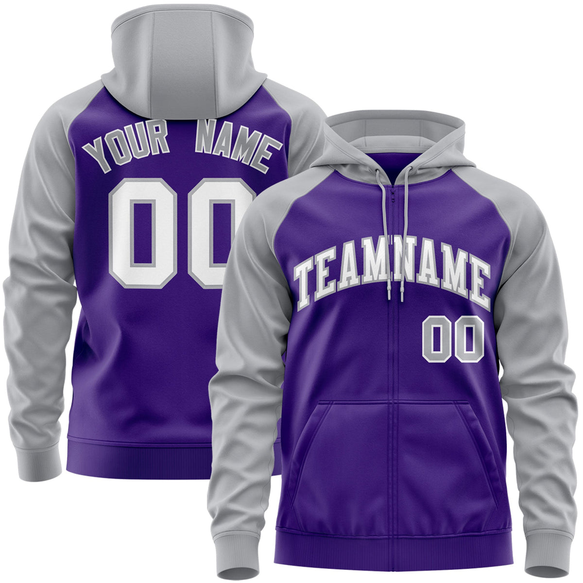 Custom Stitched Purple White-Gray Raglan Sleeves Sports Full-Zip Sweatshirt Hoodie| KXKSHOP