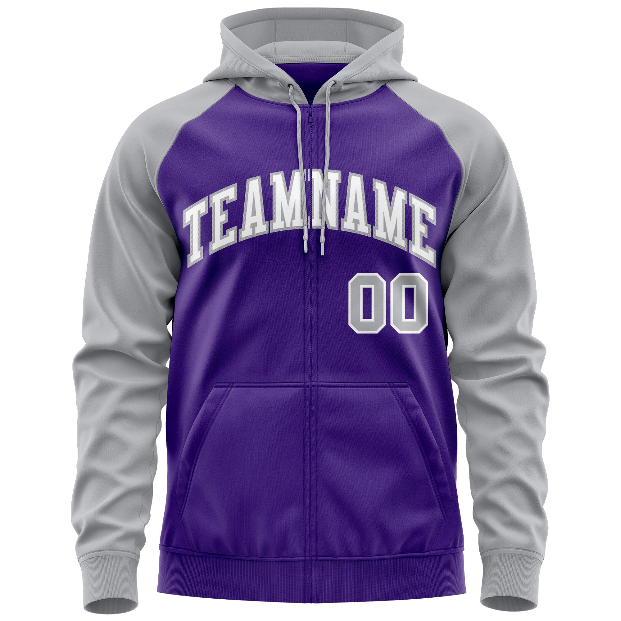 Custom Stitched Purple White-Gray Raglan Sleeves Sports Full-Zip Sweatshirt Hoodie| KXKSHOP