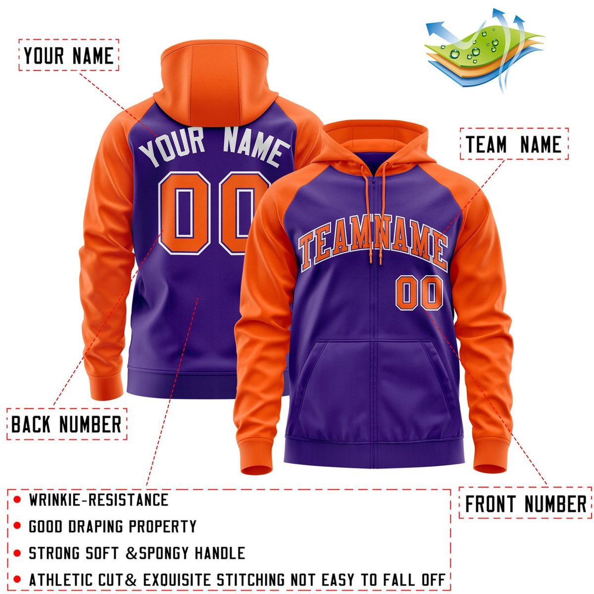 Custom Stitched Purple Orange Raglan Sleeves Sports Full-Zip Sweatshirt Hoodie| KXKSHOP