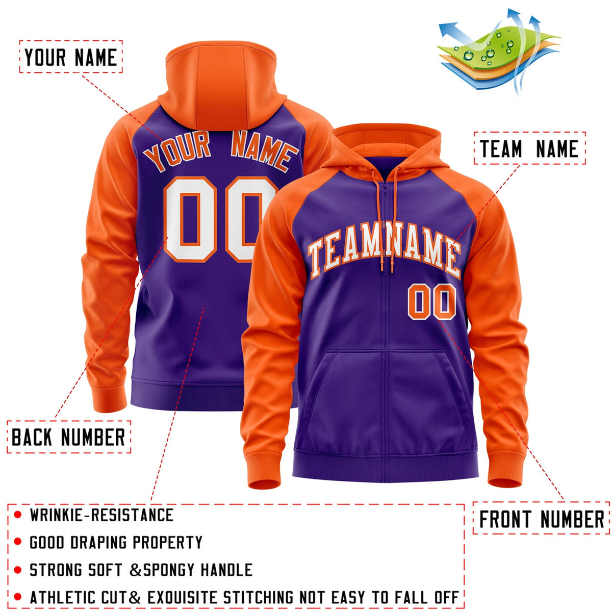 Custom Stitched Purple Orange Raglan Sleeves Sports Full-Zip Sweatshirt Hoodie| KXKSHOP