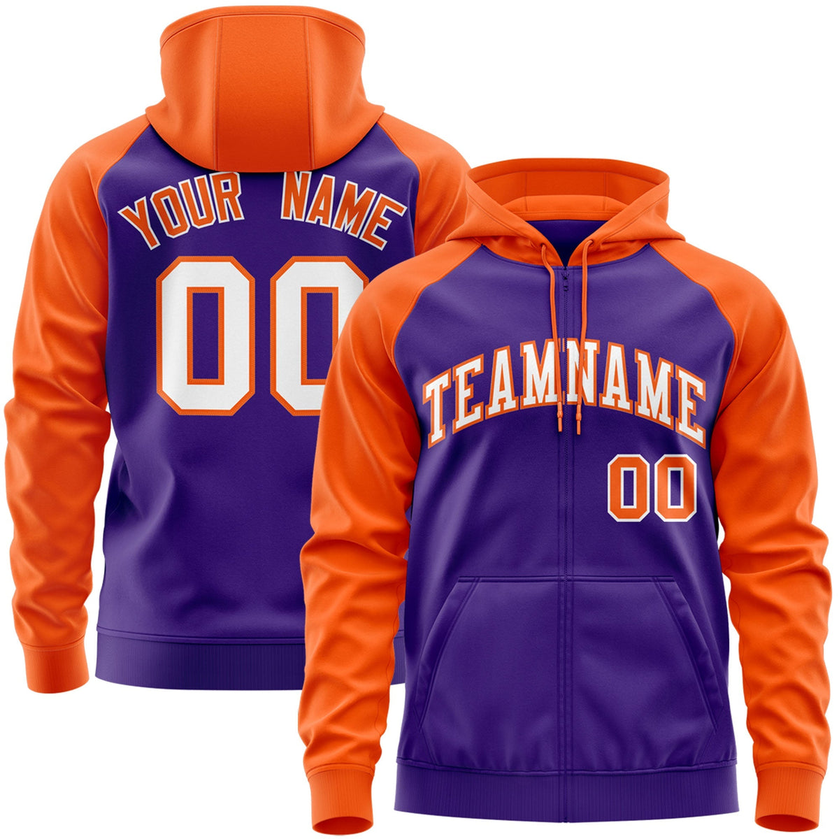 Custom Stitched Purple Orange Raglan Sleeves Sports Full-Zip Sweatshirt Hoodie| KXKSHOP