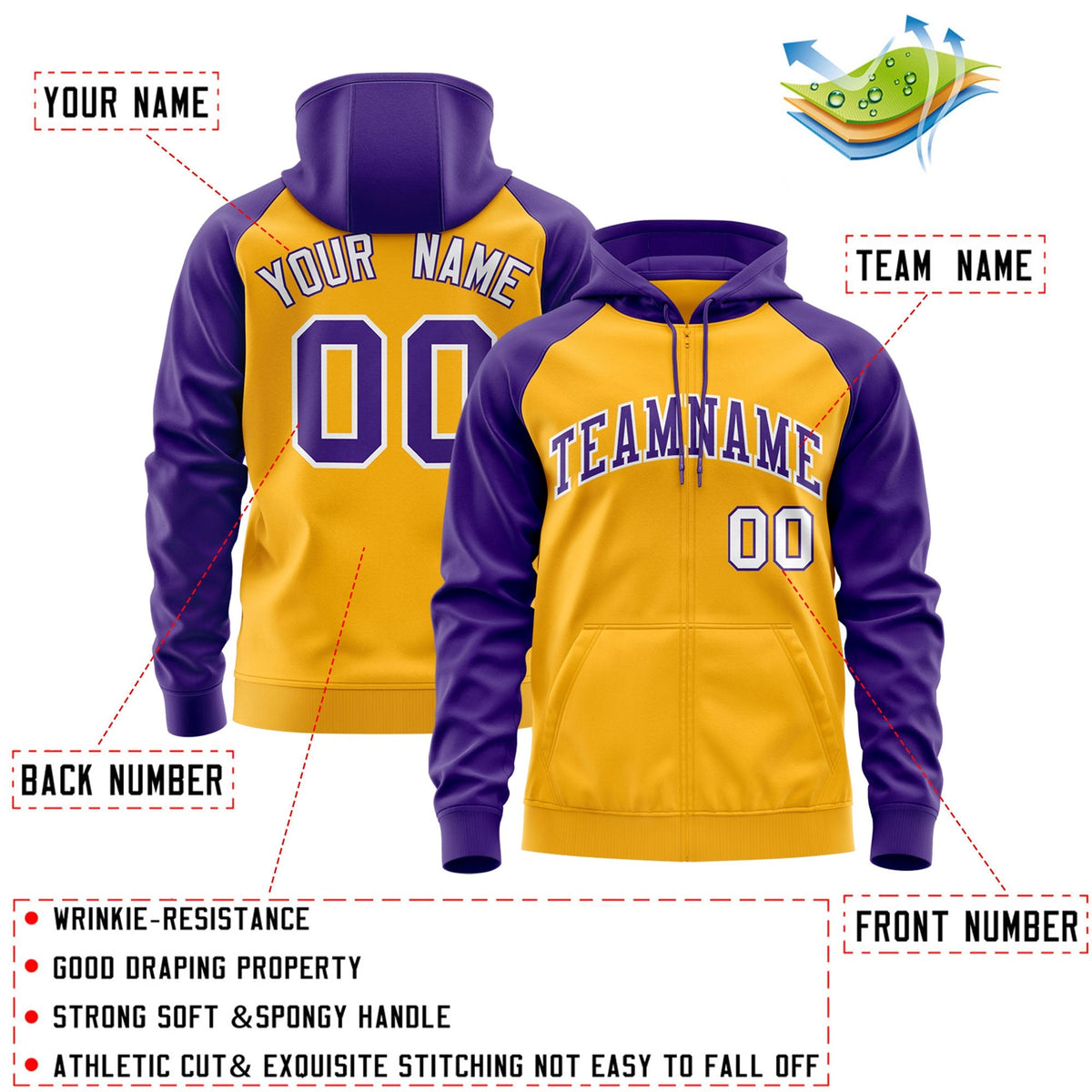 Custom Stitched Gold Purple-White Raglan Sleeves Sports Full-Zip Sweatshirt Hoodie| KXKSHOP