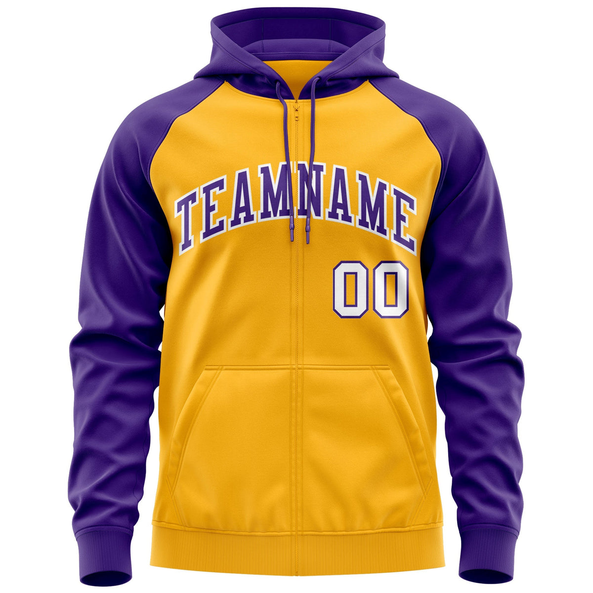 Custom Stitched Gold Purple-White Raglan Sleeves Sports Full-Zip Sweatshirt Hoodie| KXKSHOP