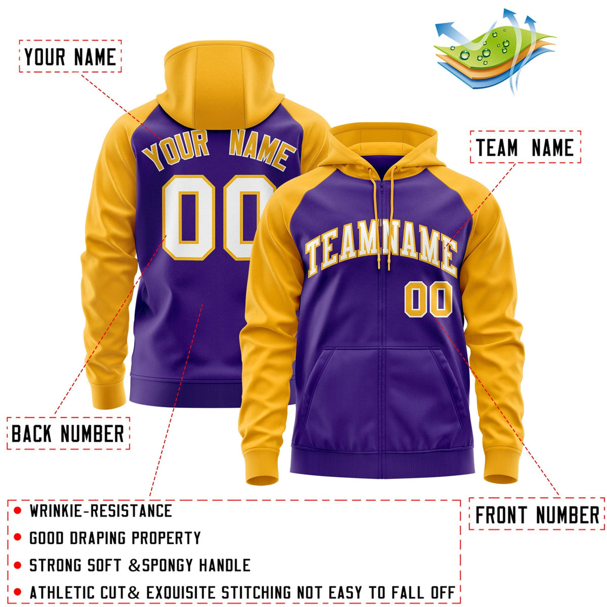 Custom Stitched Purple Gold Raglan Sleeves Sports Full-Zip Sweatshirt Hoodie| KXKSHOP