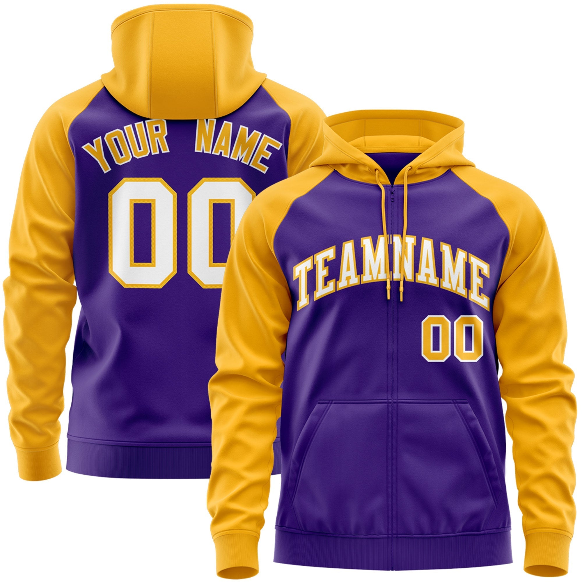 Custom Stitched Purple Gold Raglan Sleeves Sports Full-Zip Sweatshirt Hoodie| KXKSHOP