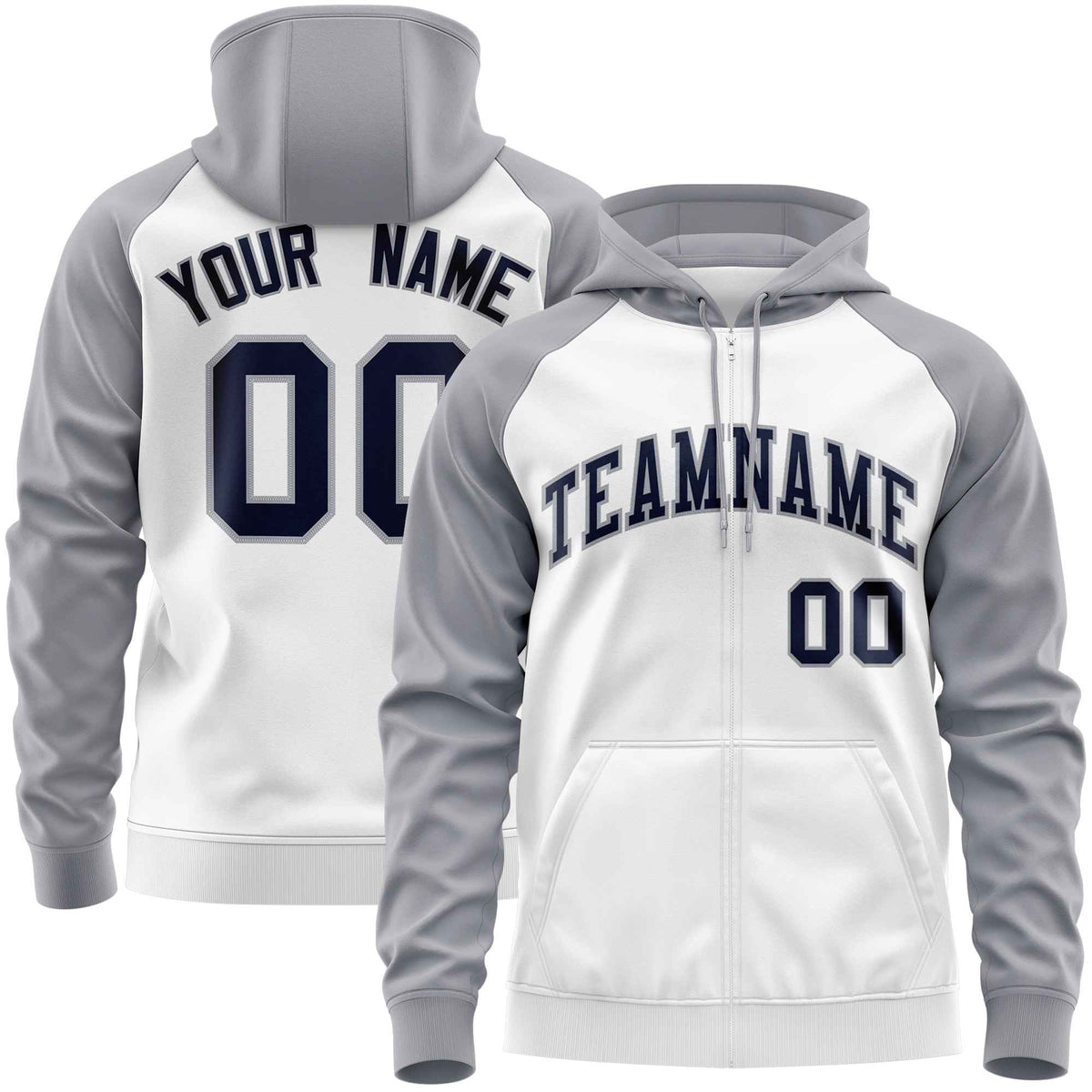 Custom Stitched White Light Gray-Navy Raglan Sleeves Sports Full-Zip Sweatshirt Hoodie| KXKSHOP
