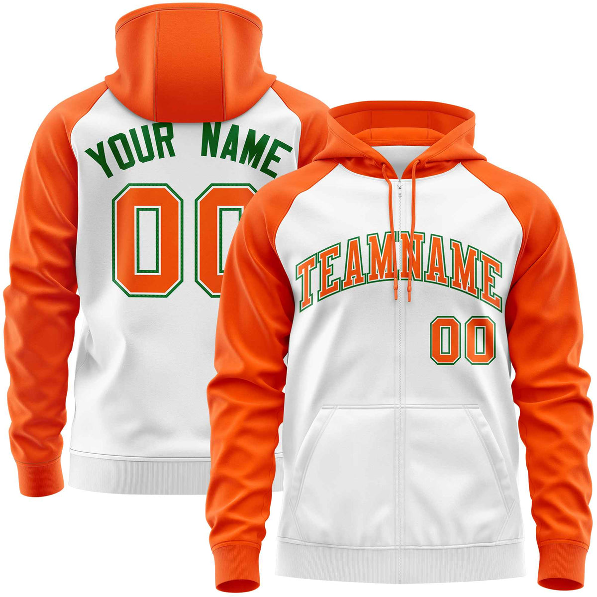 Custom Stitched White Orange Raglan Sleeves Sports Full-Zip Sweatshirt Hoodie| KXKSHOP