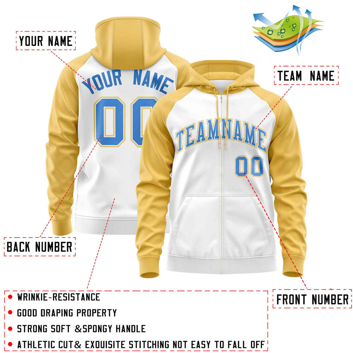Custom Stitched White Yellow-Powder Blue Raglan Sleeves Sports Full-Zip Sweatshirt Hoodie| KXKSHOP
