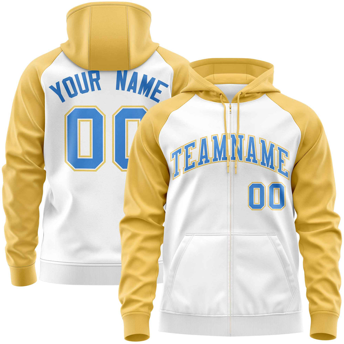 Custom Stitched White Yellow-Powder Blue Raglan Sleeves Sports Full-Zip Sweatshirt Hoodie| KXKSHOP