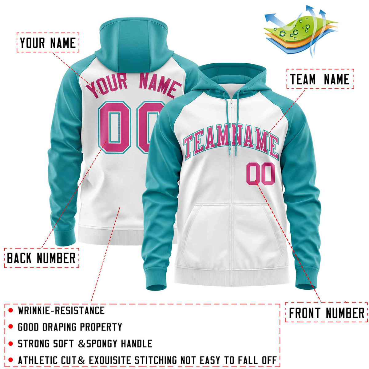 Custom Stitched White Aqua-Rose Red Raglan Sleeves Sports Full-Zip Sweatshirt Hoodie| KXKSHOP