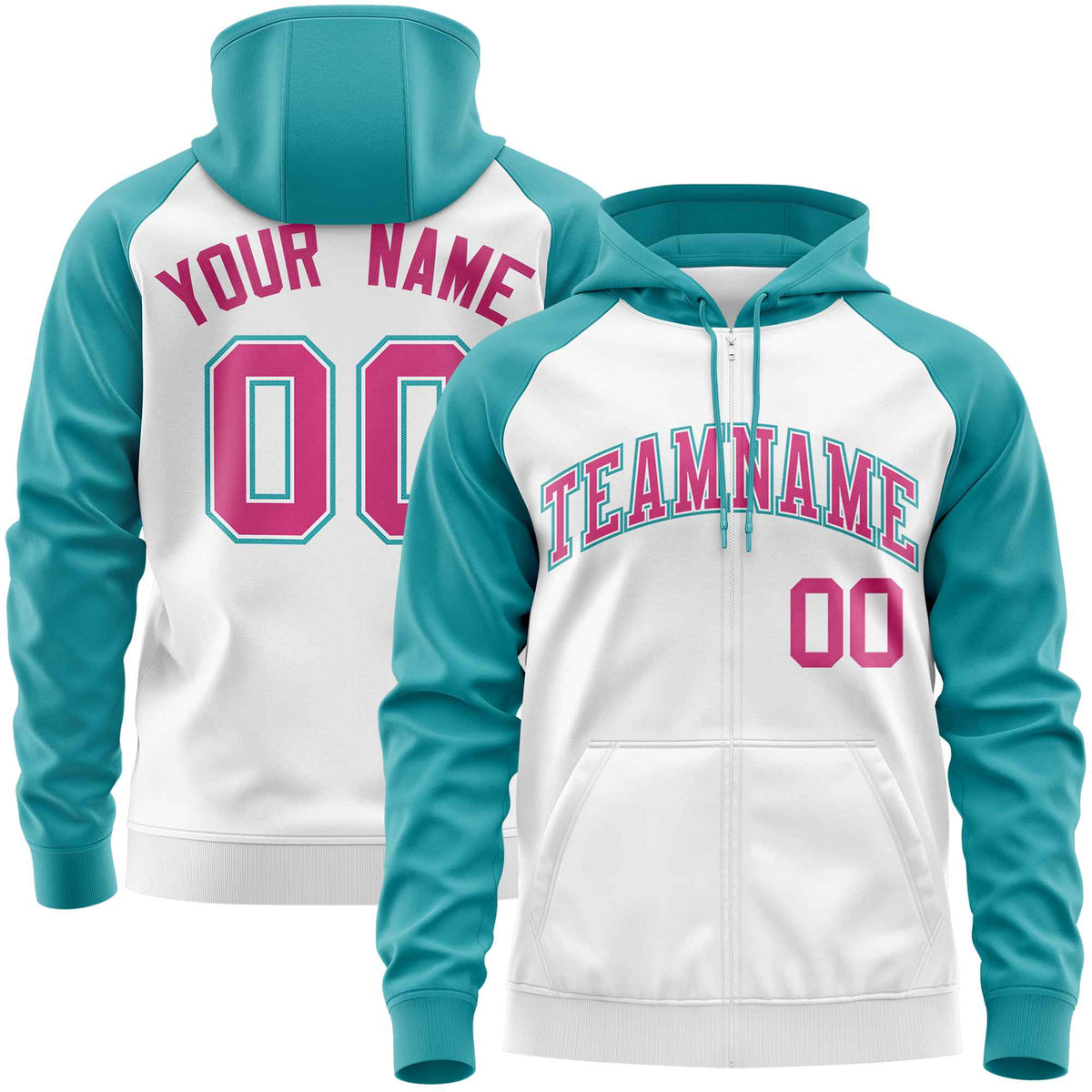 Custom Stitched White Aqua-Rose Red Raglan Sleeves Sports Full-Zip Sweatshirt Hoodie| KXKSHOP