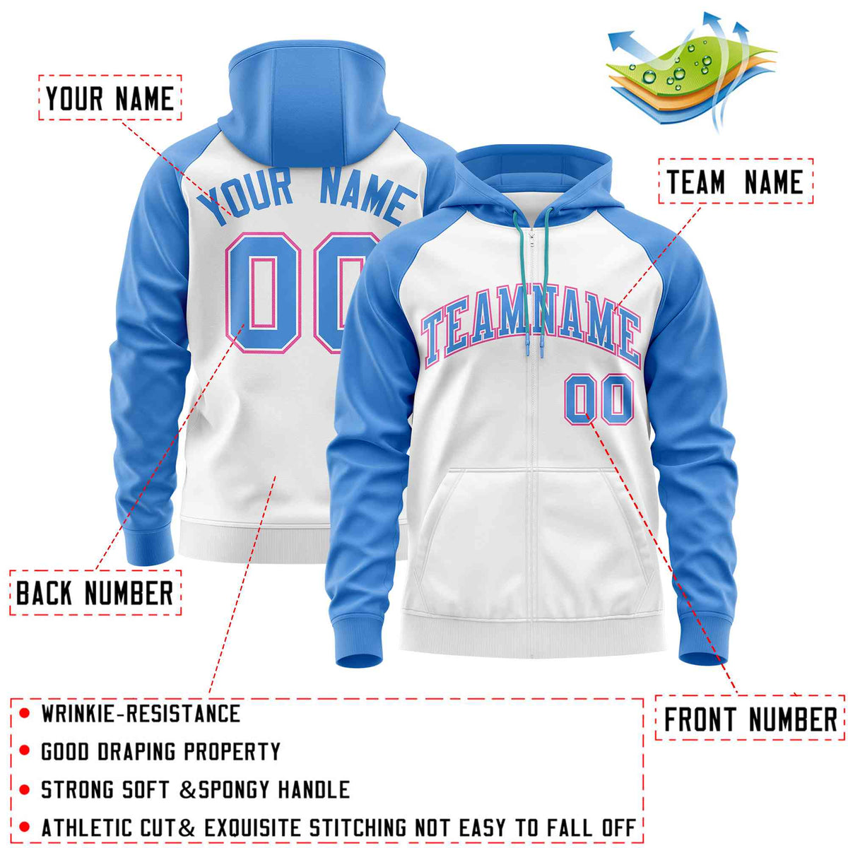 Custom Stitched White Powder Blue Raglan Sleeves Sports Full-Zip Sweatshirt Hoodie| KXKSHOP