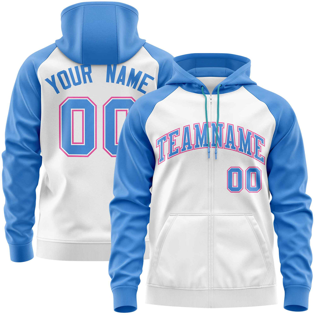 Custom Stitched White Powder Blue Raglan Sleeves Sports Full-Zip Sweatshirt Hoodie| KXKSHOP