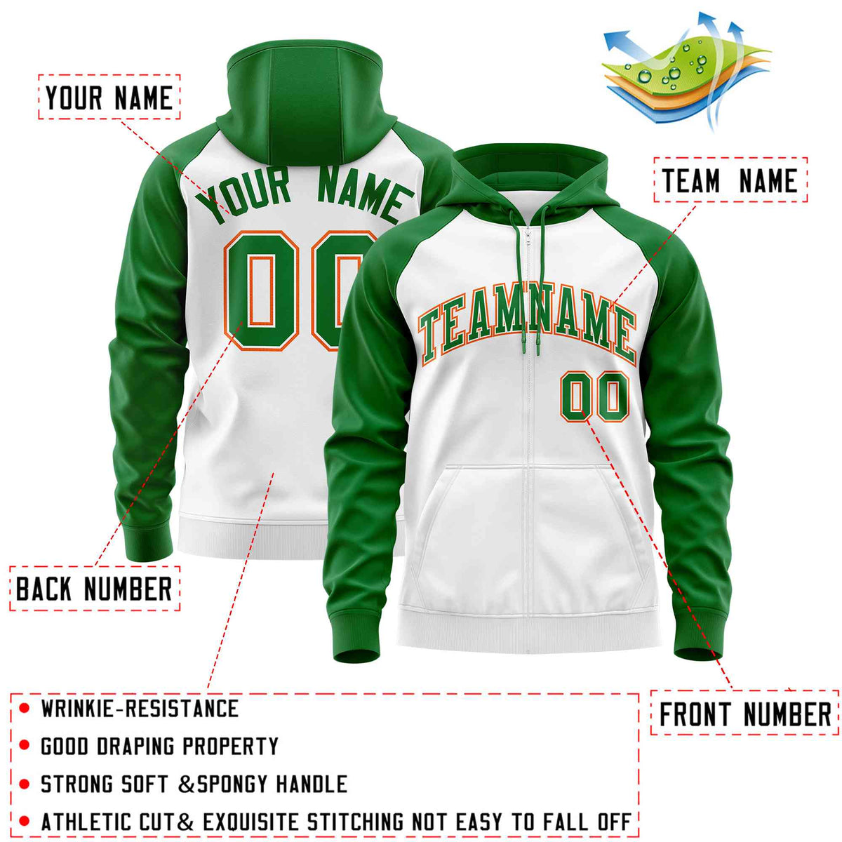 Custom Stitched White Kelly Green Raglan Sleeves Sports Full-Zip Sweatshirt Hoodie| KXKSHOP