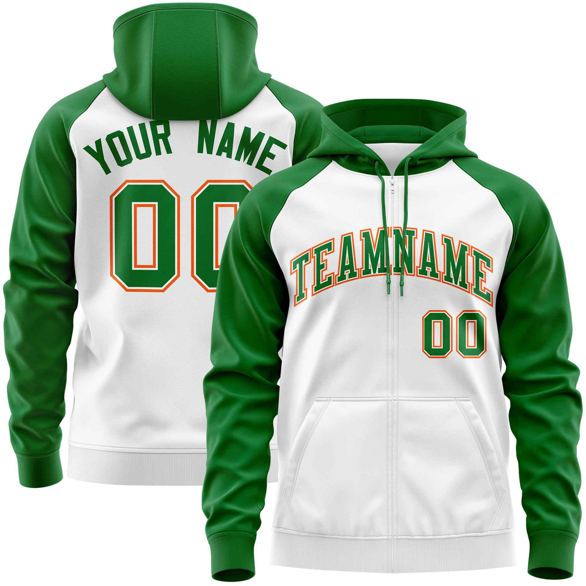 Custom Stitched White Kelly Green Raglan Sleeves Sports Full-Zip Sweatshirt Hoodie| KXKSHOP