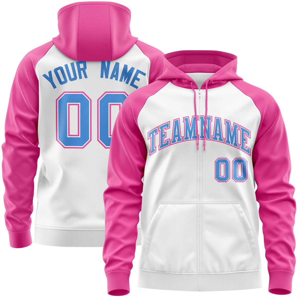 Custom Stitched White Pink-Powder Blue Raglan Sleeves Sports Full-Zip Sweatshirt Hoodie| KXKSHOP