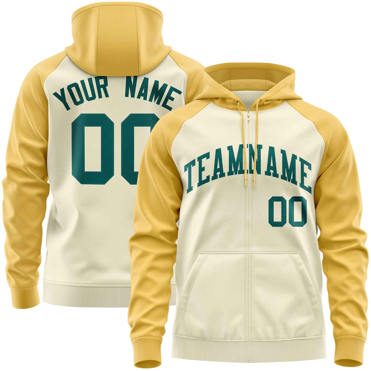 Custom Stitched Cream Yellow-Aqua Raglan Sleeves Sports Full-Zip Sweatshirt Hoodie| KXKSHOP