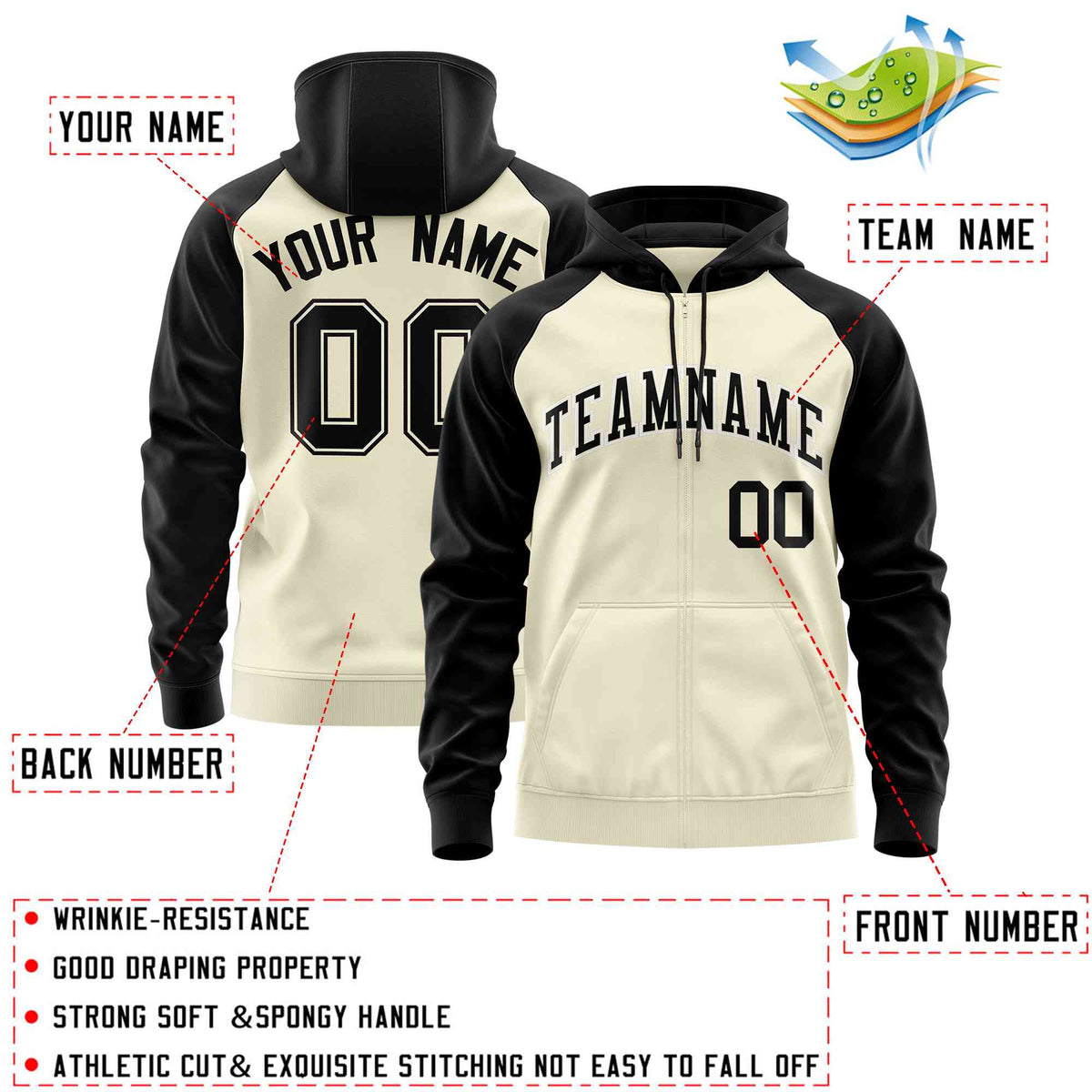 Custom Stitched Cream Black Raglan Sleeves Sports Full-Zip Sweatshirt Hoodie| KXKSHOP