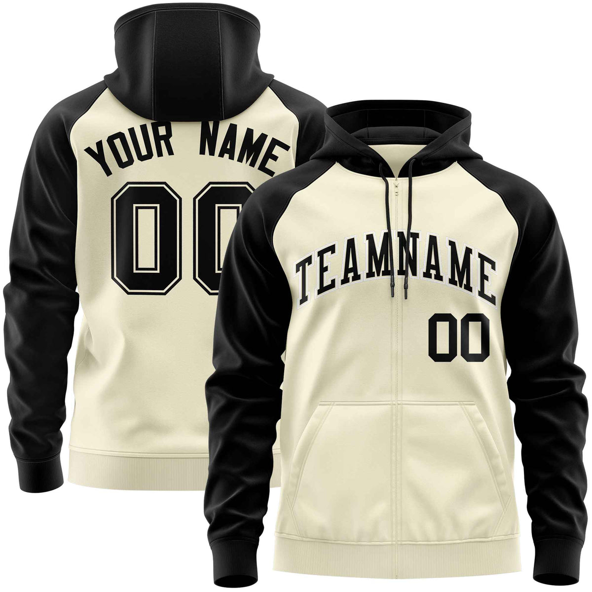 Custom Stitched Cream Black Raglan Sleeves Sports Full-Zip Sweatshirt Hoodie| KXKSHOP