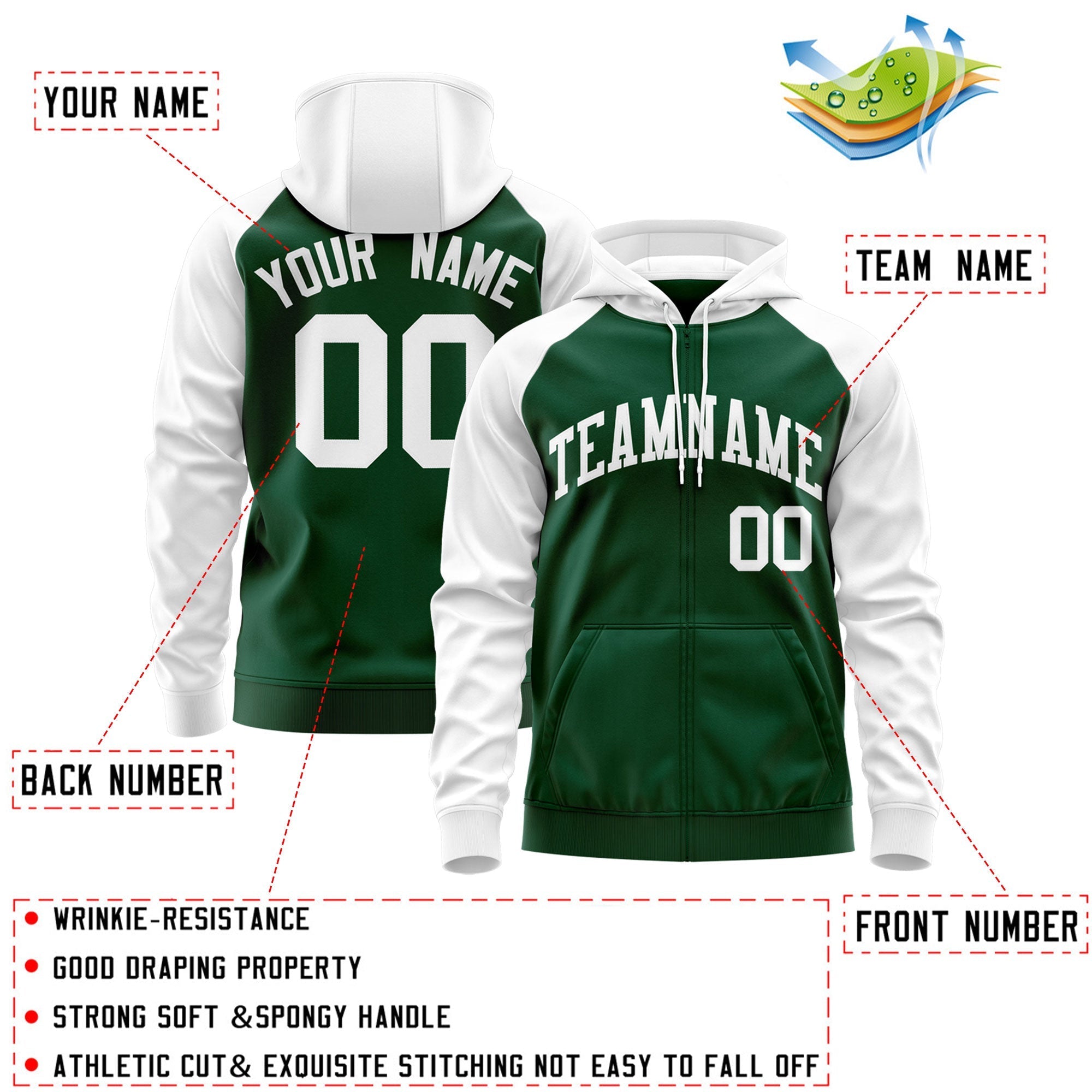Custom Stitched Green White Raglan Sleeves Sports Full-Zip Sweatshirt Hoodie| KXKSHOP
