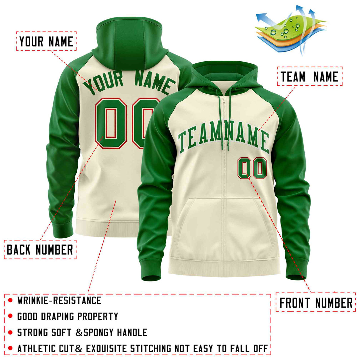 Custom Stitched Cream Kelly Green Raglan Sleeves Sports Full-Zip Sweatshirt Hoodie| KXKSHOP