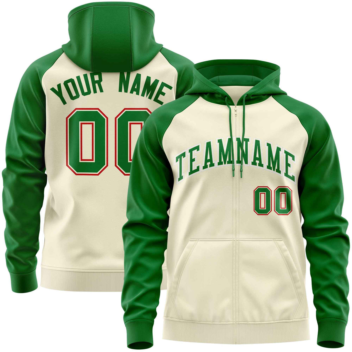 Custom Stitched Cream Kelly Green Raglan Sleeves Sports Full-Zip Sweatshirt Hoodie| KXKSHOP