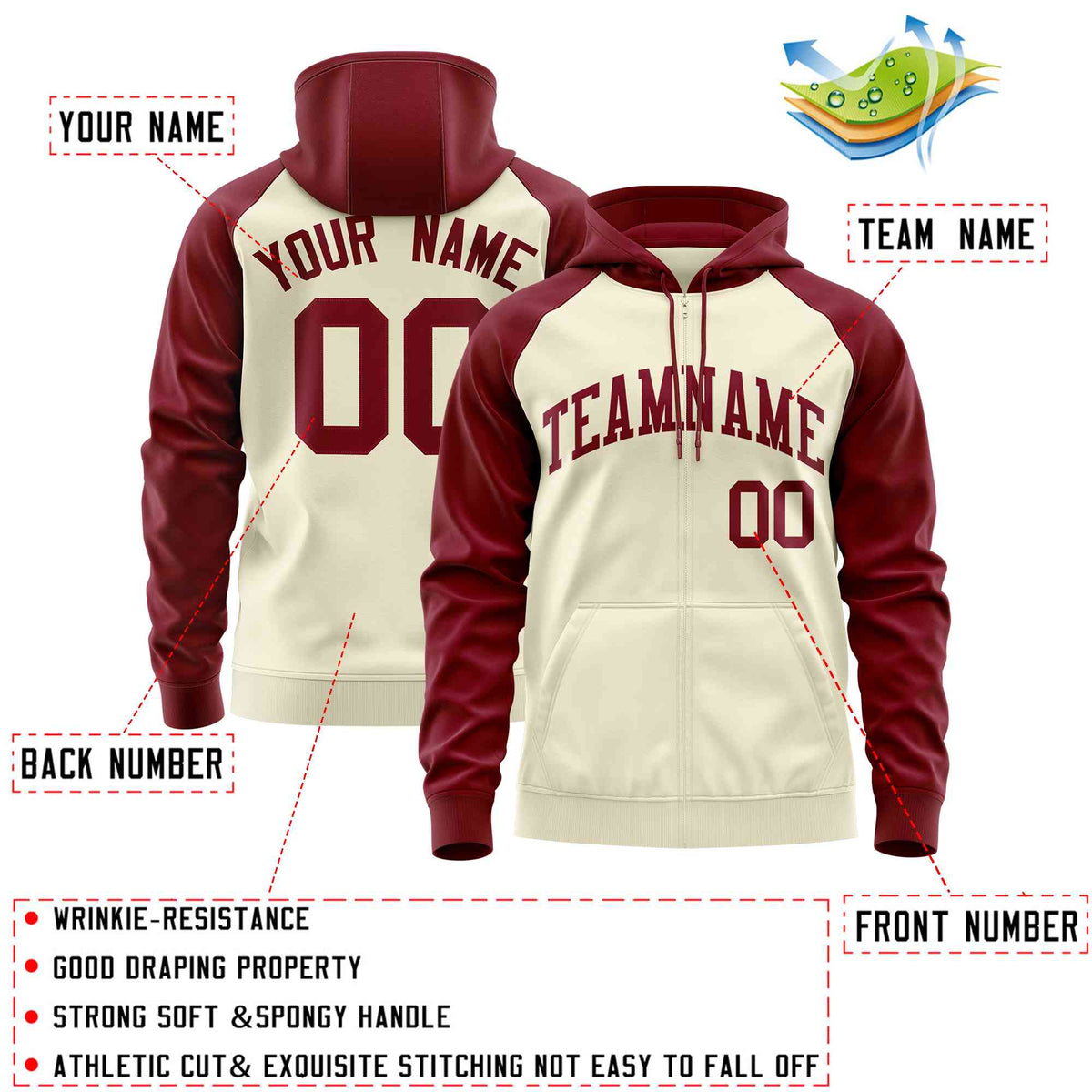 Custom Stitched Cream Crimson Raglan Sleeves Sports Full-Zip Sweatshirt Hoodie| KXKSHOP