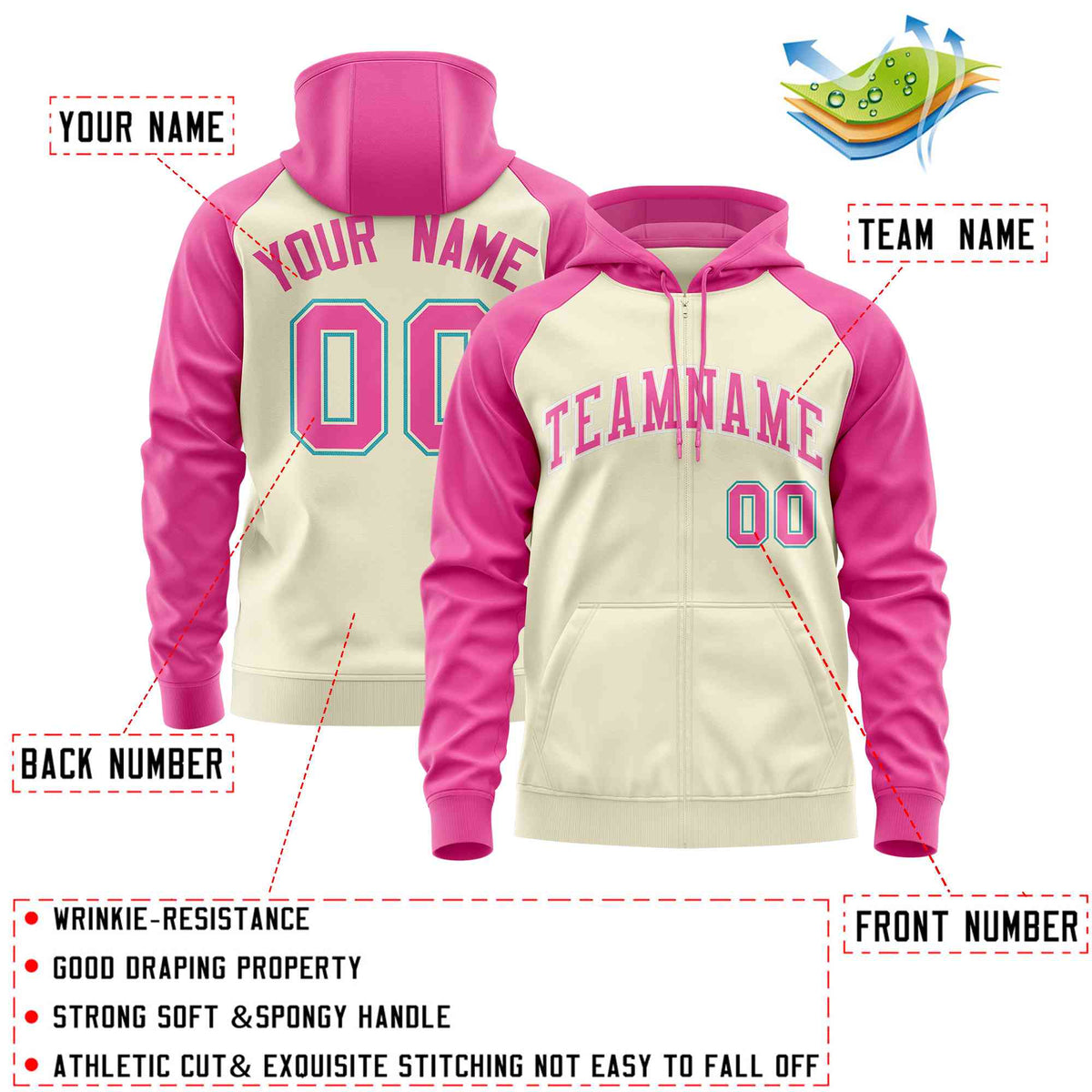 Custom Stitched Cream Pink Raglan Sleeves Sports Full-Zip Sweatshirt Hoodie| KXKSHOP