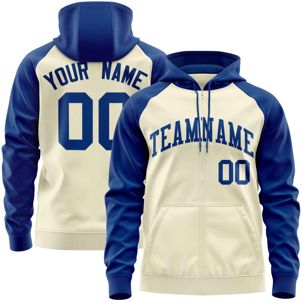 Custom Stitched Cream Royal Raglan Sleeves Sports Full-Zip Sweatshirt Hoodie| KXKSHOP