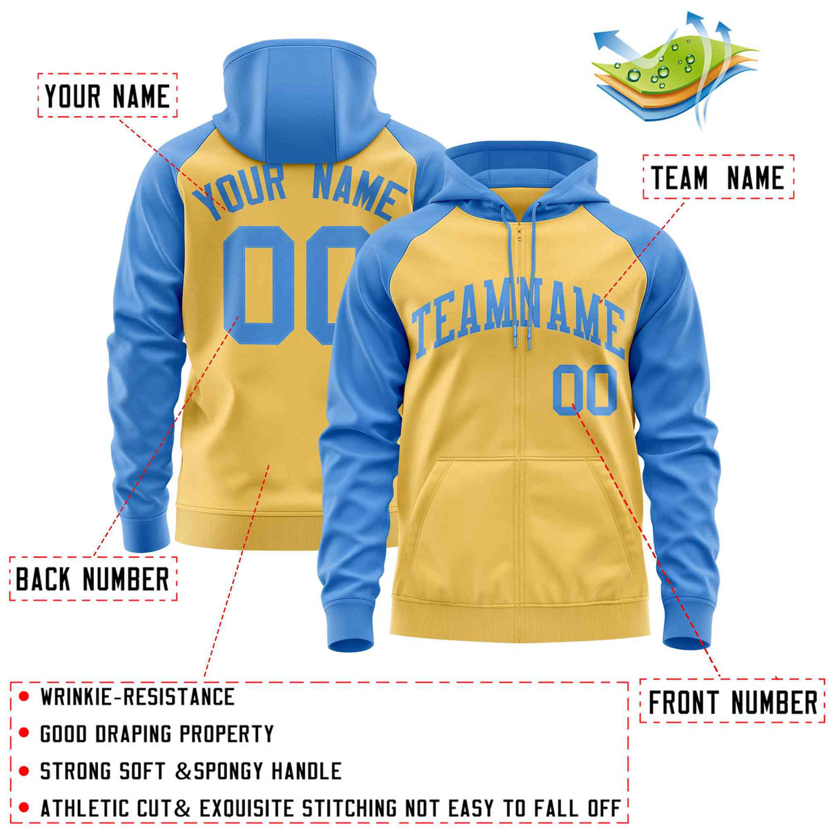 Custom Stitched Yellow Powder Blue Raglan Sleeves Sports Full-Zip Sweatshirt Hoodie| KXKSHOP