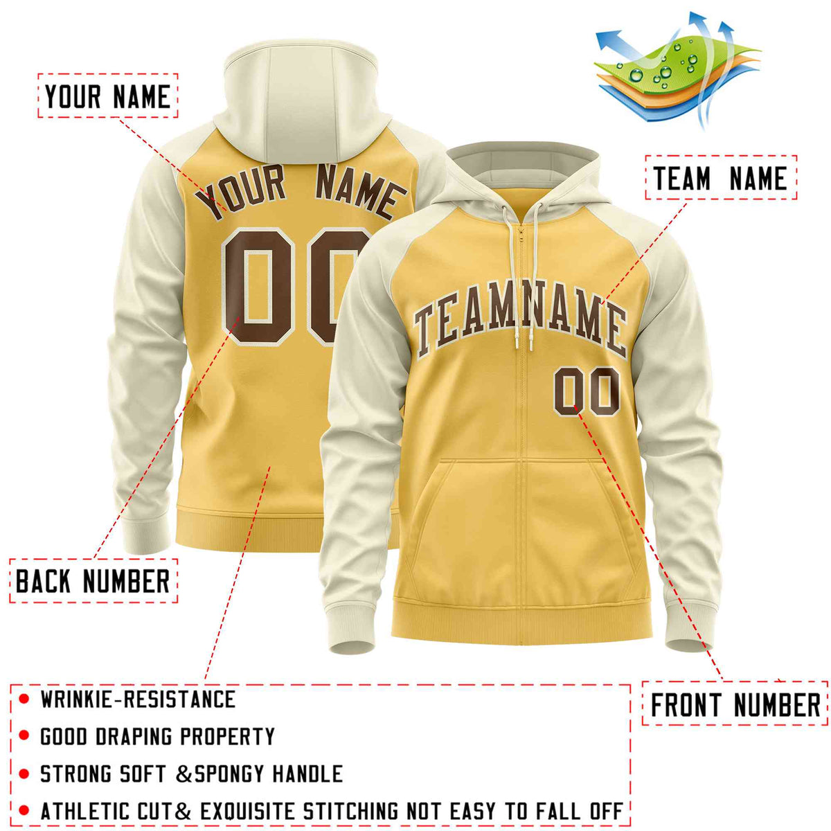 Custom Stitched Yellow Cream-Light Brown Raglan Sleeves Sports Full-Zip Sweatshirt Hoodie| KXKSHOP