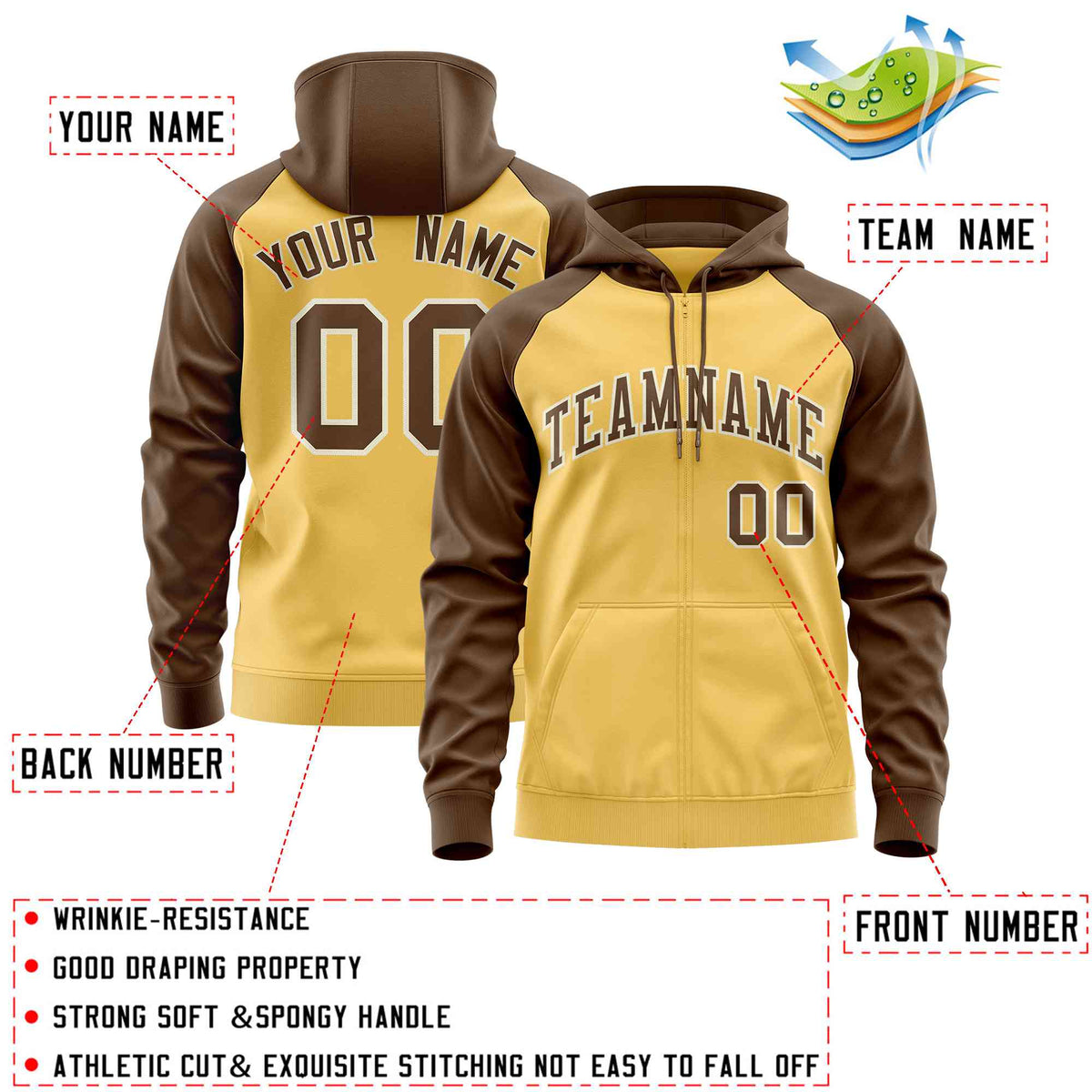 Custom Stitched Yellow Light Brown Raglan Sleeves Sports Full-Zip Sweatshirt Hoodie| KXKSHOP