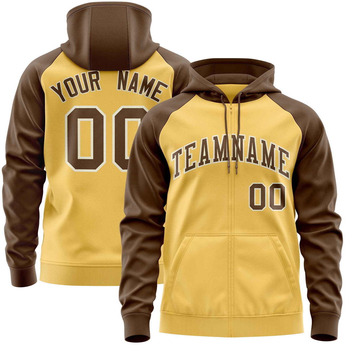 Custom Stitched Yellow Light Brown Raglan Sleeves Sports Full-Zip Sweatshirt Hoodie| KXKSHOP