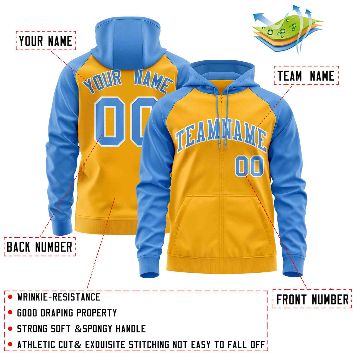 Custom Stitched Gold Powder Blue Raglan Sleeves Sports Full-Zip Sweatshirt Hoodie| KXKSHOP